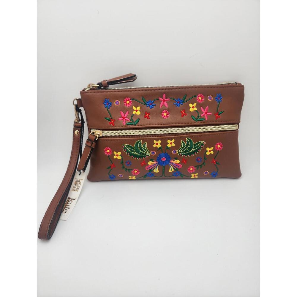 NWT Kate Landry Womens Embroidered Flowers Wristlet Bag Brown With Battery Bank